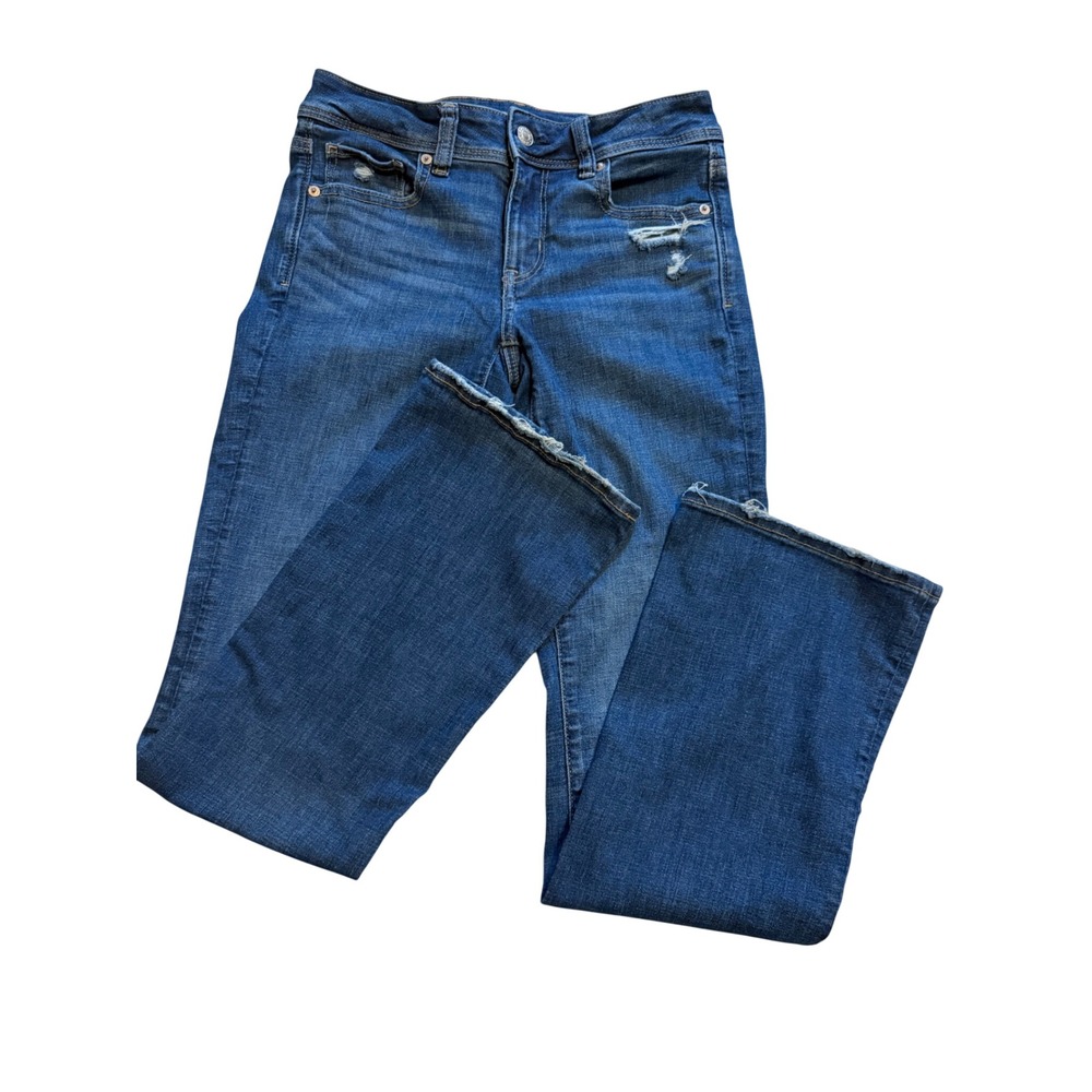 American Eagle Kick Boot Jeans Womens 2 Blue Good Distressed Frayed Hem Mid Rise